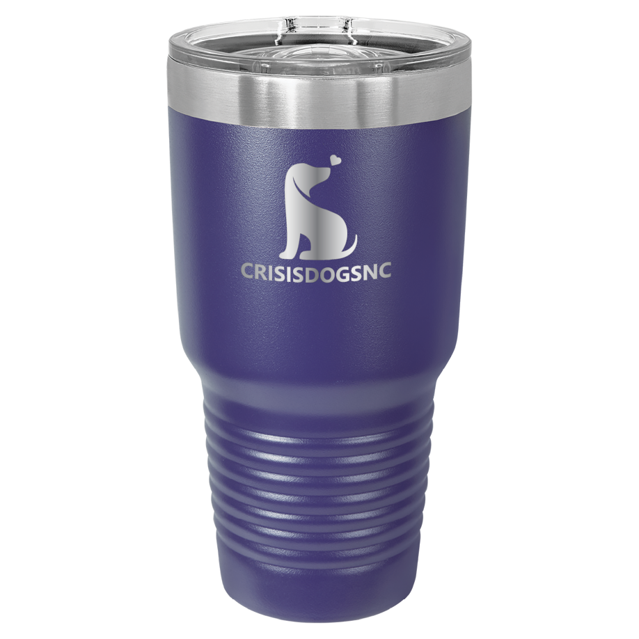 Purple 30 oz laser engraved tumbler with the Crisis Dogs NC logo.