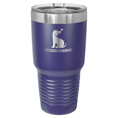 Purple 30 oz laser engraved tumbler with the Crisis Dogs NC logo.