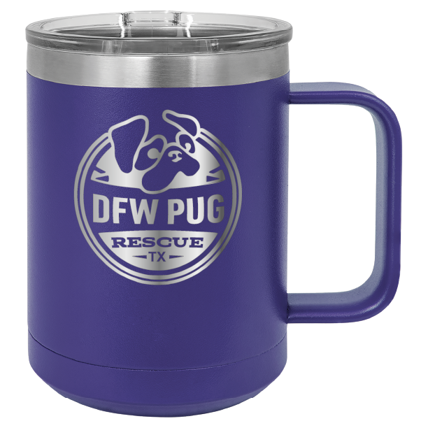 Purple 15 oz laser engraved coffee cup featuring the DFW Pug Rescue logo