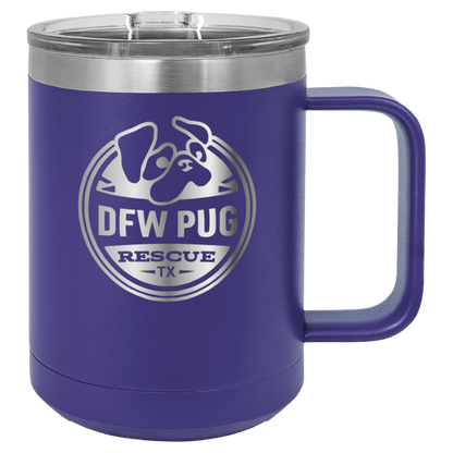 Purple 15 oz laser engraved coffee cup featuring the DFW Pug Rescue logo