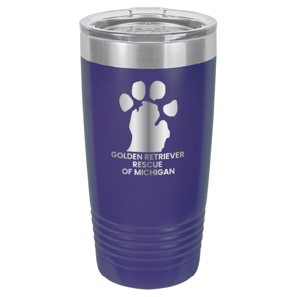 Purple 20 Oz laser engraved tumbler with the Golden Retriever Rescue of Michigan logo