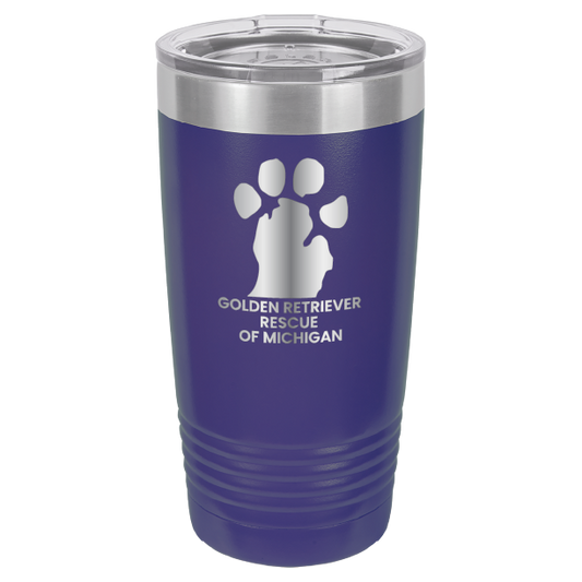 Purple 20 Oz laser engraved tumbler with the Golden Retriever Rescue of Michigan logo