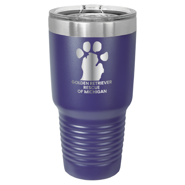 Purple 30 laser engraved tumbler featuring the Golden Retriever Rescue of Michigan logo