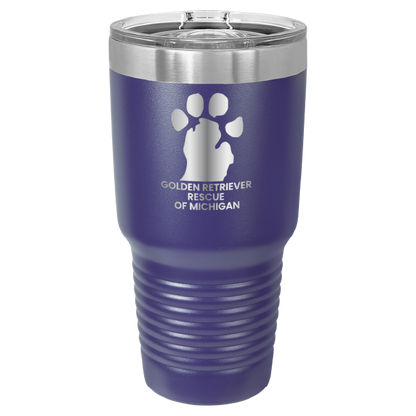 Purple 30 laser engraved tumbler featuring the Golden Retriever Rescue of Michigan logo