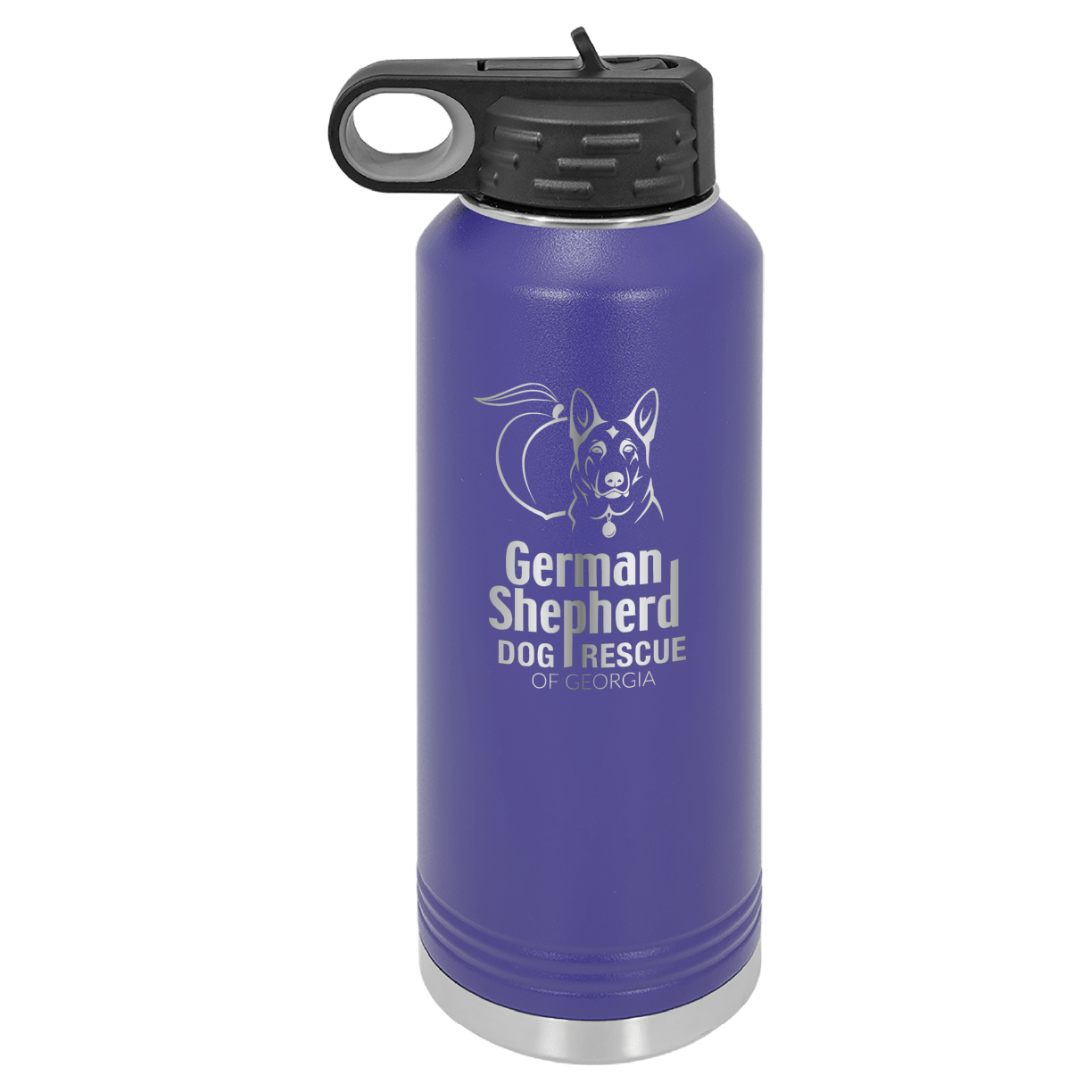 40 Oz Laser engraved water bottle featuring the German Shepherd Dog Rescue of Georgia, in purple