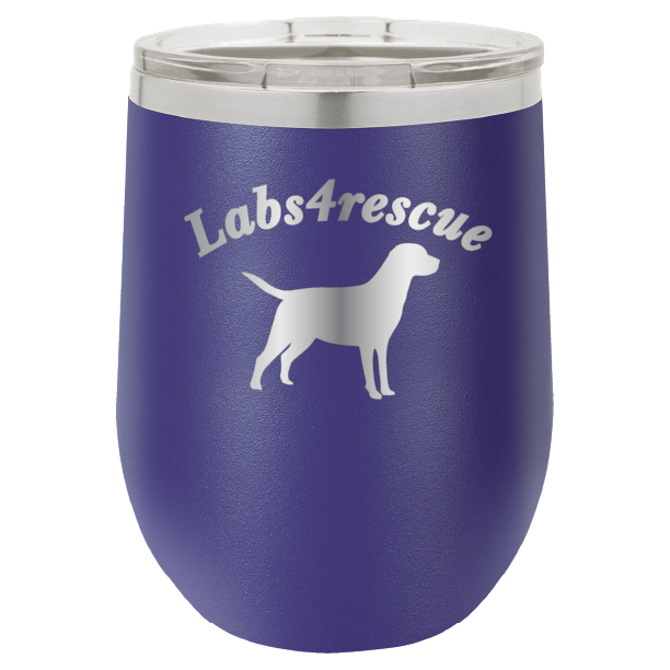 12 oz laser engraved wine tumbler with the labs4rescue logo, in purple