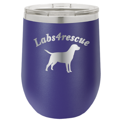 12 oz laser engraved wine tumbler with the labs4rescue logo, in purple