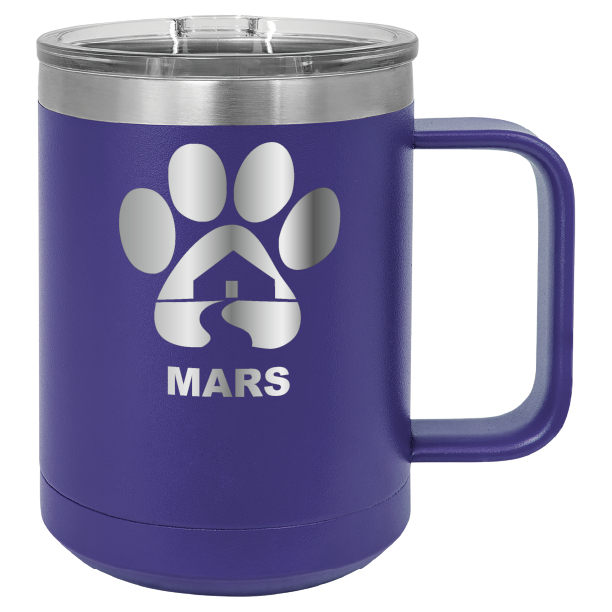 Purple 15 ounce laser engraved coffee mug with the Midwest Animal Rescue & Services (MARS) logo.