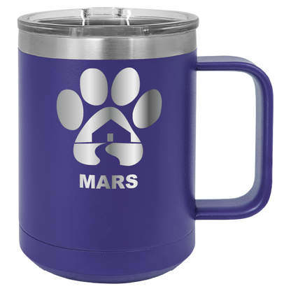 Purple 15 ounce laser engraved coffee mug with the Midwest Animal Rescue & Services (MARS) logo.