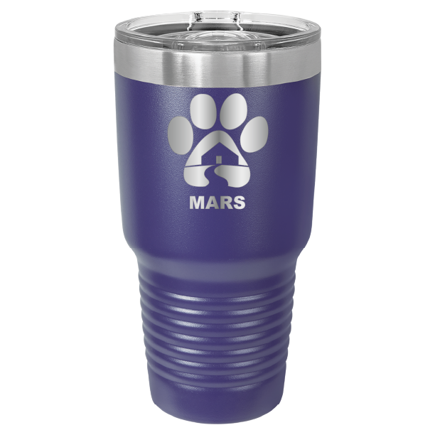 Purple 30 ounce laser engraved tumbler with the Midwest Animal Rescue & Services (MARS) logo.