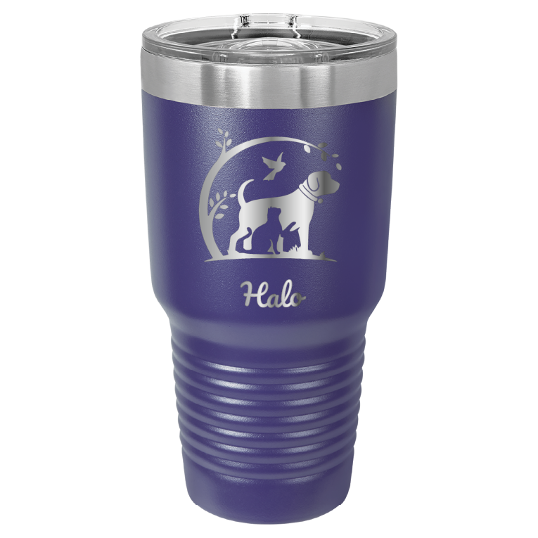 Purple 30 oz laser engraved tumbler featuring the No Critter Left Behind logo and the name "Halo"