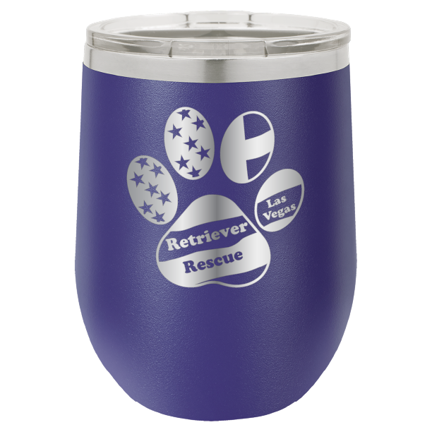 Purple laser engraved wine tumbler with the logo of retriever rescue of Las Vegas