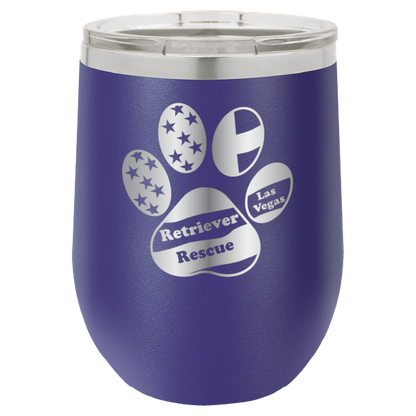 Purple laser engraved wine tumbler with the logo of retriever rescue of Las Vegas