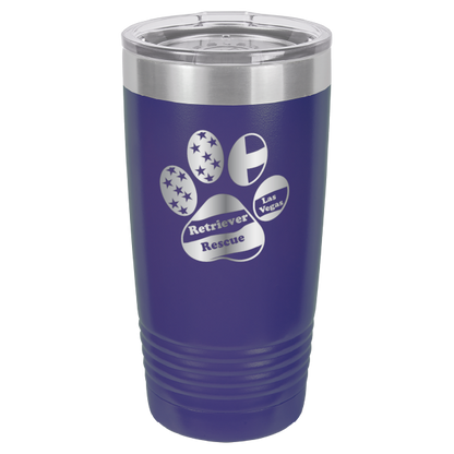 Purple laser engraved 20 tumbler featuring the Retriever Rescue of Las Vegas logo