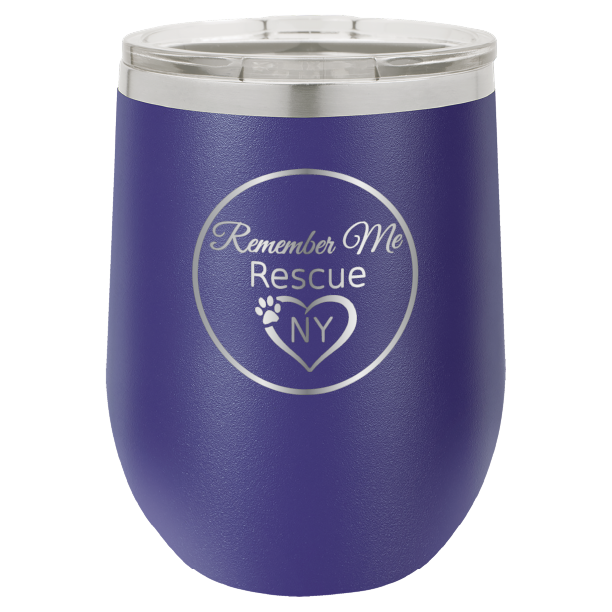 Purple  12 oz laser engraved wine tumbler with the logo of Remember Me Rescue NY