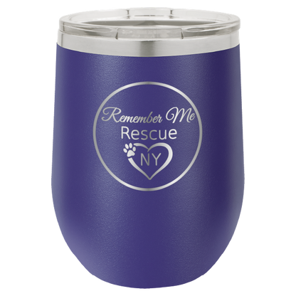 Purple  12 oz laser engraved wine tumbler with the logo of Remember Me Rescue NY