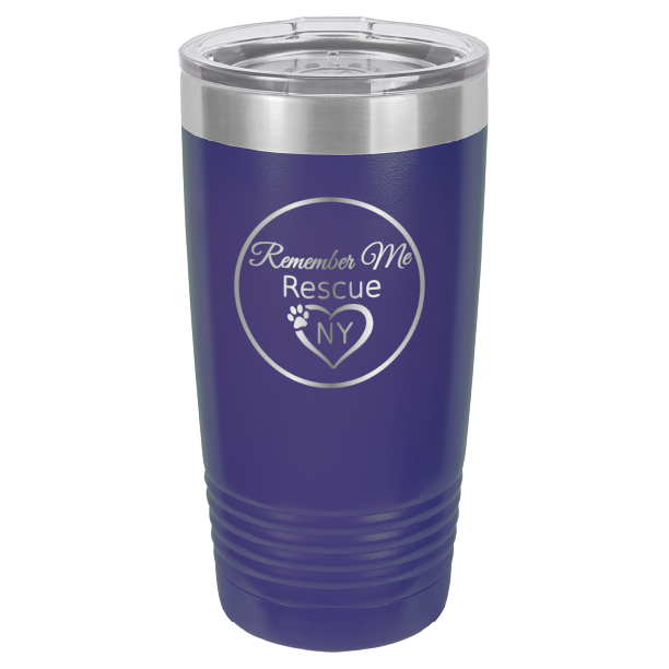 Purple  laser engraved 20 tumbler featuring the logo of Remember Me Rescue NY