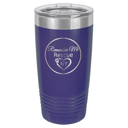 Purple  laser engraved 20 tumbler featuring the logo of Remember Me Rescue NY
