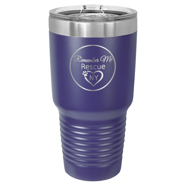 Purple 30 oz laser engraved tumbler featuring the Remember Me Rescue NY logo.