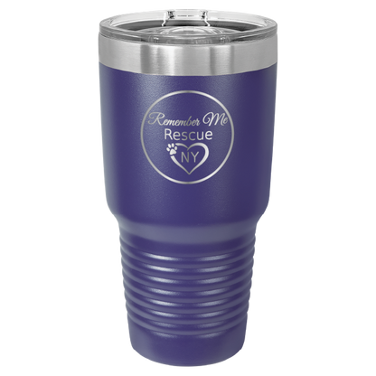 Purple 30 oz laser engraved tumbler featuring the Remember Me Rescue NY logo.