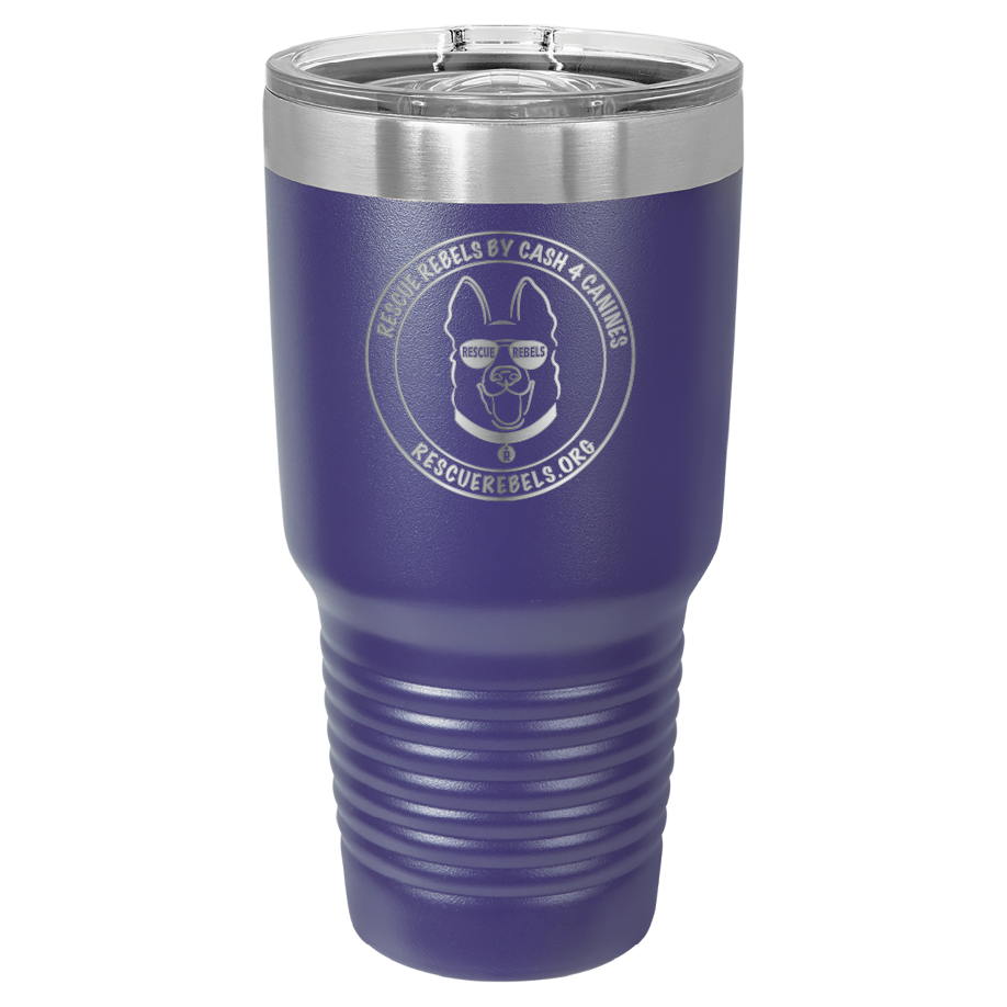 Purple 30 oz tumbler laser engraved  water bottle featuring the Rescue Rebels logo