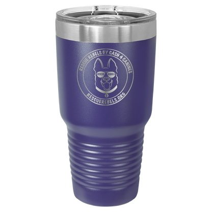Purple 30 oz tumbler laser engraved  water bottle featuring the Rescue Rebels logo