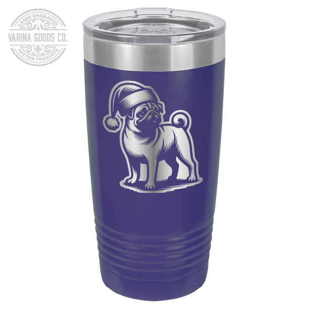 Pug wearing a Santa hat, 20 oz laser engraved tumbler, in purple