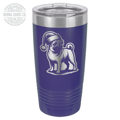 Pug wearing a Santa hat, 20 oz laser engraved tumbler, in purple