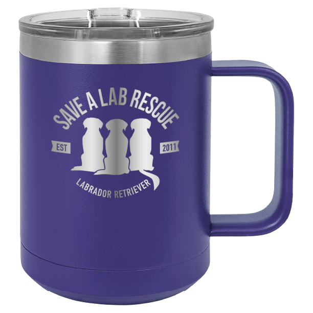 Purple 15 oz laser engraved coffee cup featuring the Save A Lab Rescue logo.