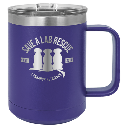 Purple 15 oz laser engraved coffee cup featuring the Save A Lab Rescue logo.