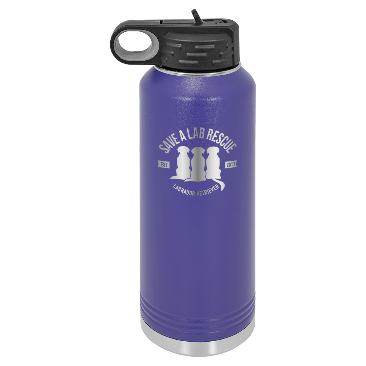 Purple 40 Oz Laser engraved water bottle featuring the Save A Lab logo.