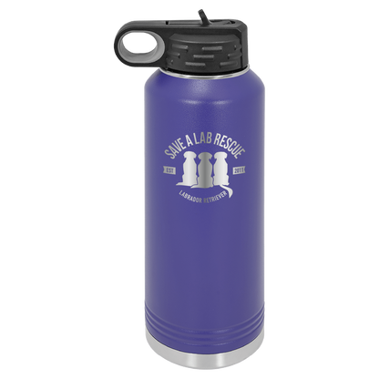 Purple 40 Oz Laser engraved water bottle featuring the Save A Lab logo.