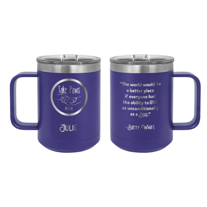 Purple 15 oz coffee cup laser engraved  tumbler featuring the Take Paws Rescue logo