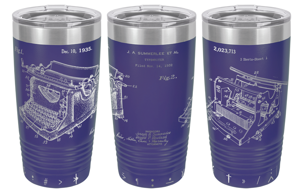Vintage typewriter patent laser engraved on a purple stainless steel tumbler