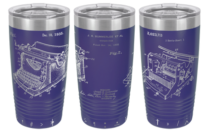 Vintage typewriter patent laser engraved on a purple stainless steel tumbler