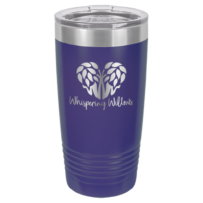 Purple laser engraved 20 oz tumbler featuring the Whispering Willows logo.