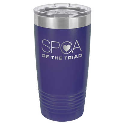 Purple laser engravved 20 Oz tumbler featuring the SPA of the Triad logo. 