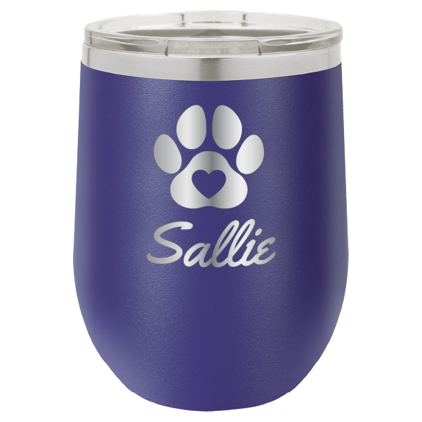 Laser engraved personalized wine tumbler featuring a paw print with heart, in purple