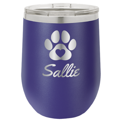 Laser engraved personalized wine tumbler featuring a paw print with heart, in purple