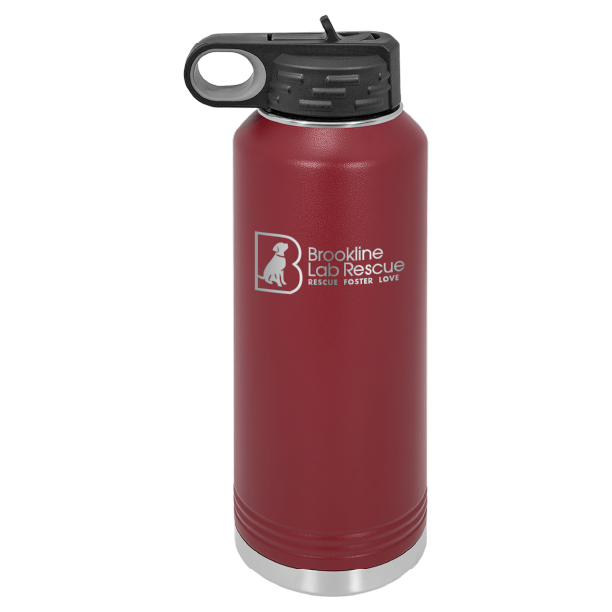 Maroon laser engraved 40 oz water bottle featuring the Brookline Lab Rescue logo