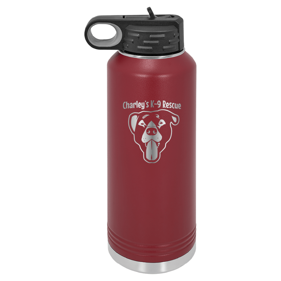 Maroon  40 oz water bottle laser engraved  tumbler featuring the Charley's K9 Rescue logo