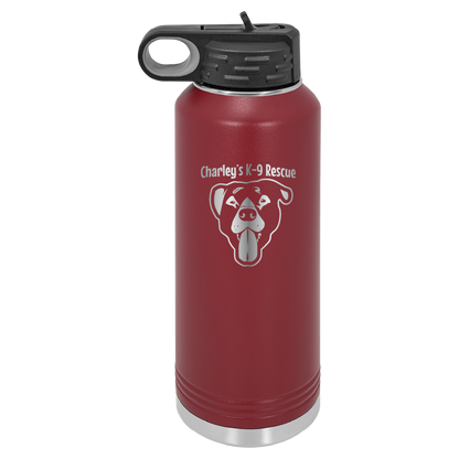 Maroon  40 oz water bottle laser engraved  tumbler featuring the Charley's K9 Rescue logo