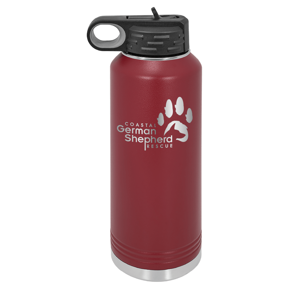 Maroon 40 ounce laser engraved water bottle, featuring the with the Coastal German Shpherd Rescue of Orange County logo