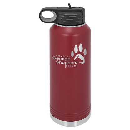 Maroon 40 ounce laser engraved water bottle, featuring the with the Coastal German Shpherd Rescue of Orange County logo