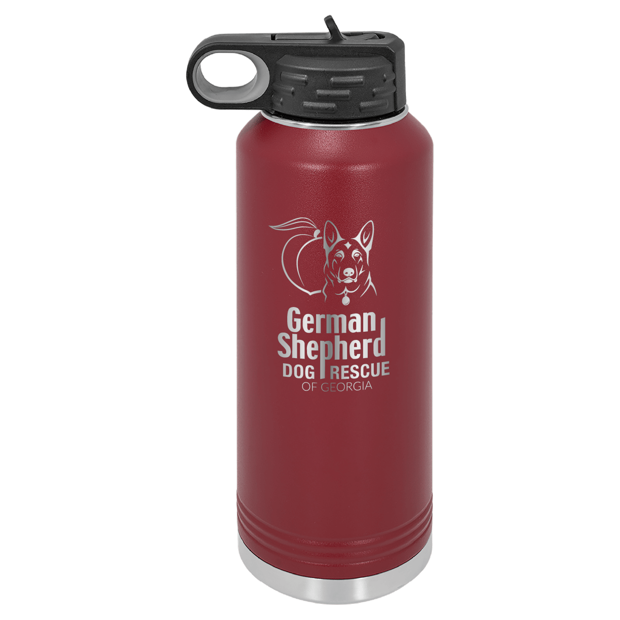 40 Oz Laser engraved water bottle featuring the German Shepherd Dog Rescue of Georgia, in maroon