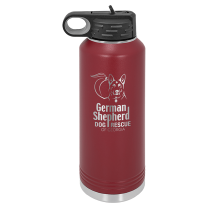 40 Oz Laser engraved water bottle featuring the German Shepherd Dog Rescue of Georgia, in maroon