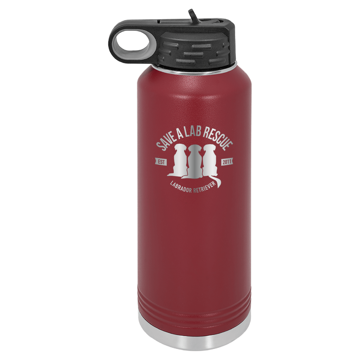 Maroon 40 Oz Laser engraved water bottle featuring the Save A Lab logo.