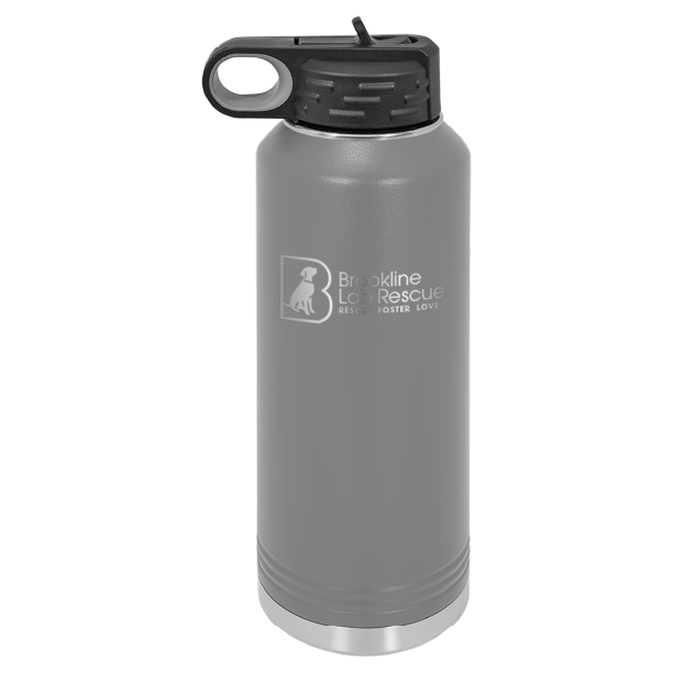 Dark gray laser engraved 40 oz water bottle featuring the Brookline Lab Rescue logo