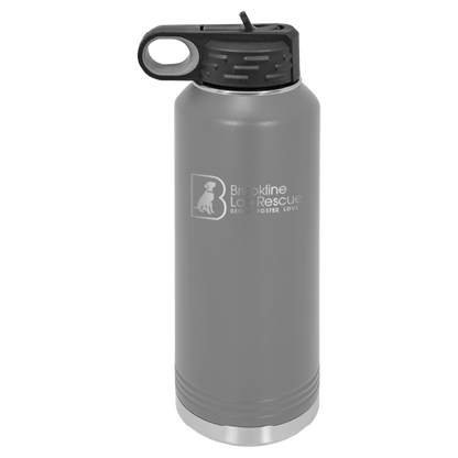 Dark gray laser engraved 40 oz water bottle featuring the Brookline Lab Rescue logo