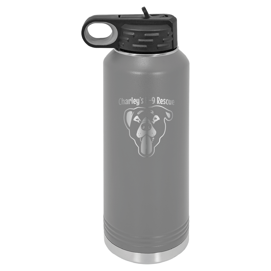 Dark gray 40 oz water bottle laser engraved  tumbler featuring the Charley's K9 Rescue logo